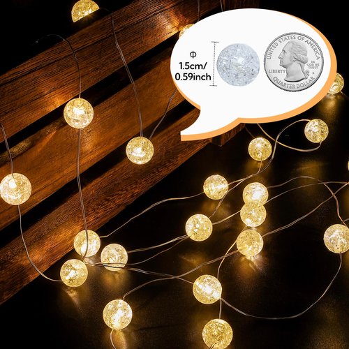 BEEWIN Globe String Lights,10FT 30 LED Decorative Christmas Lights,8 Modes Crystal Crackle Ball Lights,USB Twinkle Fairy Lights for Bedroom,Indoor,Outdoor,Classroom,Wedding,Party,Garden,Warm White