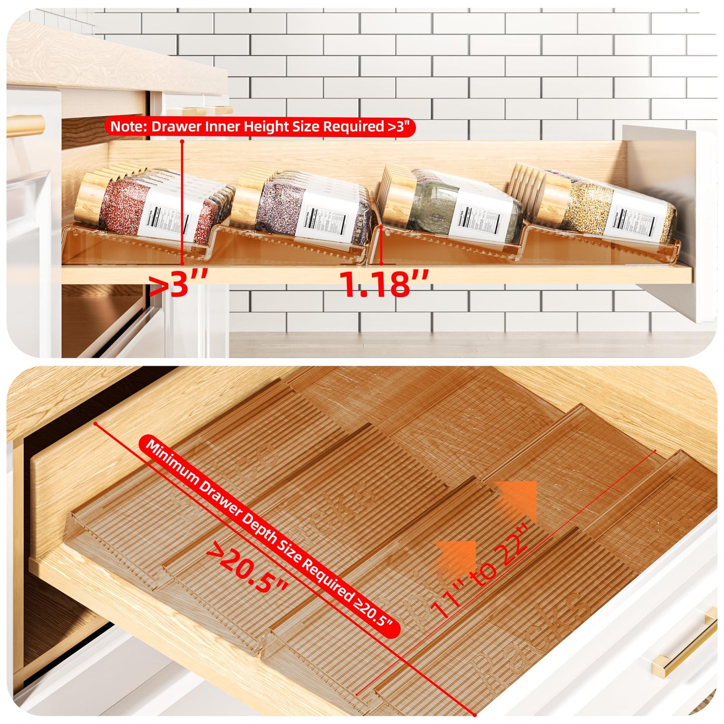 PanPanPal Spice Drawer Organizer, 4 Tier- 4 Pack Amber Acrylic Drawer Seasoning Organizer, Expandable From 11'' to 22'' Kitchen Spice Rack Organizers and Storage for Drawer (Jars not included)