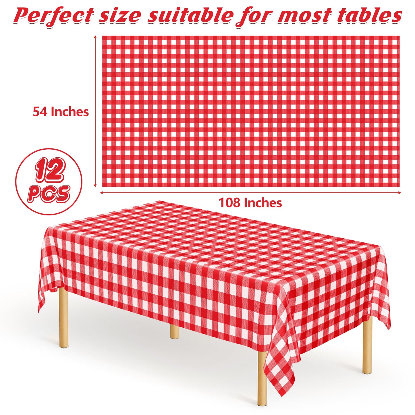 12Pack 54" x 108" Table Cloth Rectangle Table, Waterproof Plastic Table Cloth Ddisposable, Red and White Checkered Tablecloth Table Cover for Outdoor Picnic Birthday Party Gathering BBQ Holiday Dinner