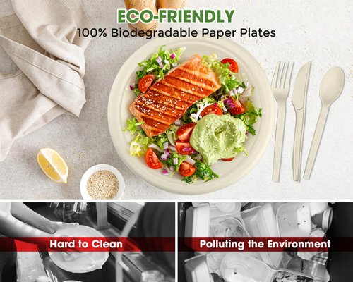 BSDPREF 300 Pack Paper Plates Set Party Supplies Severs 50 Guests Disposable Party Plates Sugarcane Forks Knives Spoons Heavy-Duty Paper Plate Bagasse Natural Compostable Eco-Friendly Birthday Wedding