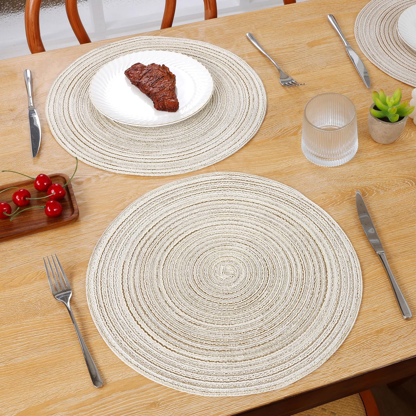 SHACOS Placemats Set of 8 Round Braided Place Mats 15 inch Washable Table Mats for Home Wedding Holiday Party (Ivory, 8)