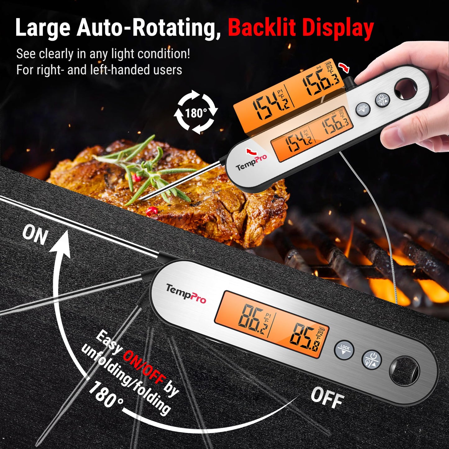 TempPro TP610 Rechargeable Instant Read Thermometer for Cooking, Stainless Steel Meat Thermometer Digital with Alarm, Waterproof Cooking Thermometer for Grill, Smoker, BBQ, Oven(Previously ThermoPro)