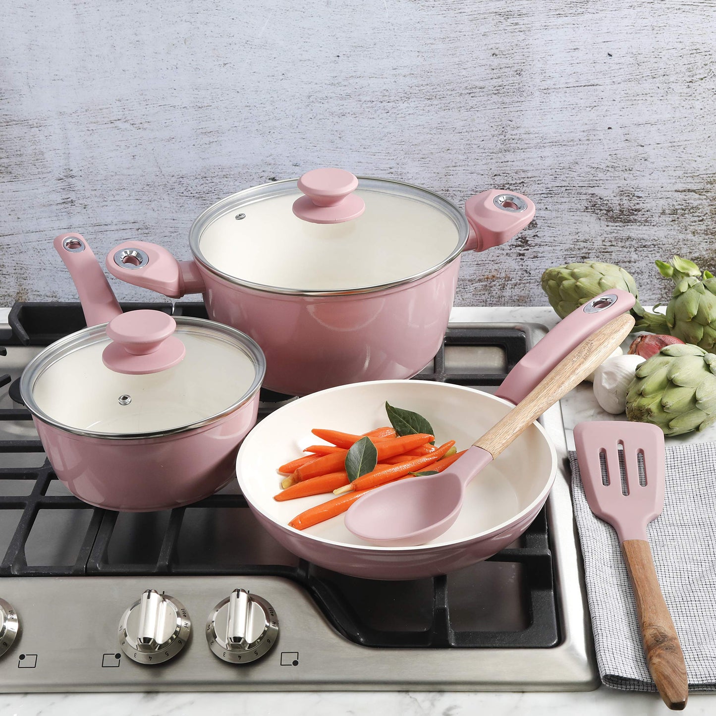 Gibson Home Plaza Café Forged Aluminum Healthy PFA-Free Ceramic Pots and Pans Cookware Set, 7-Piece Set, Lavender Pink