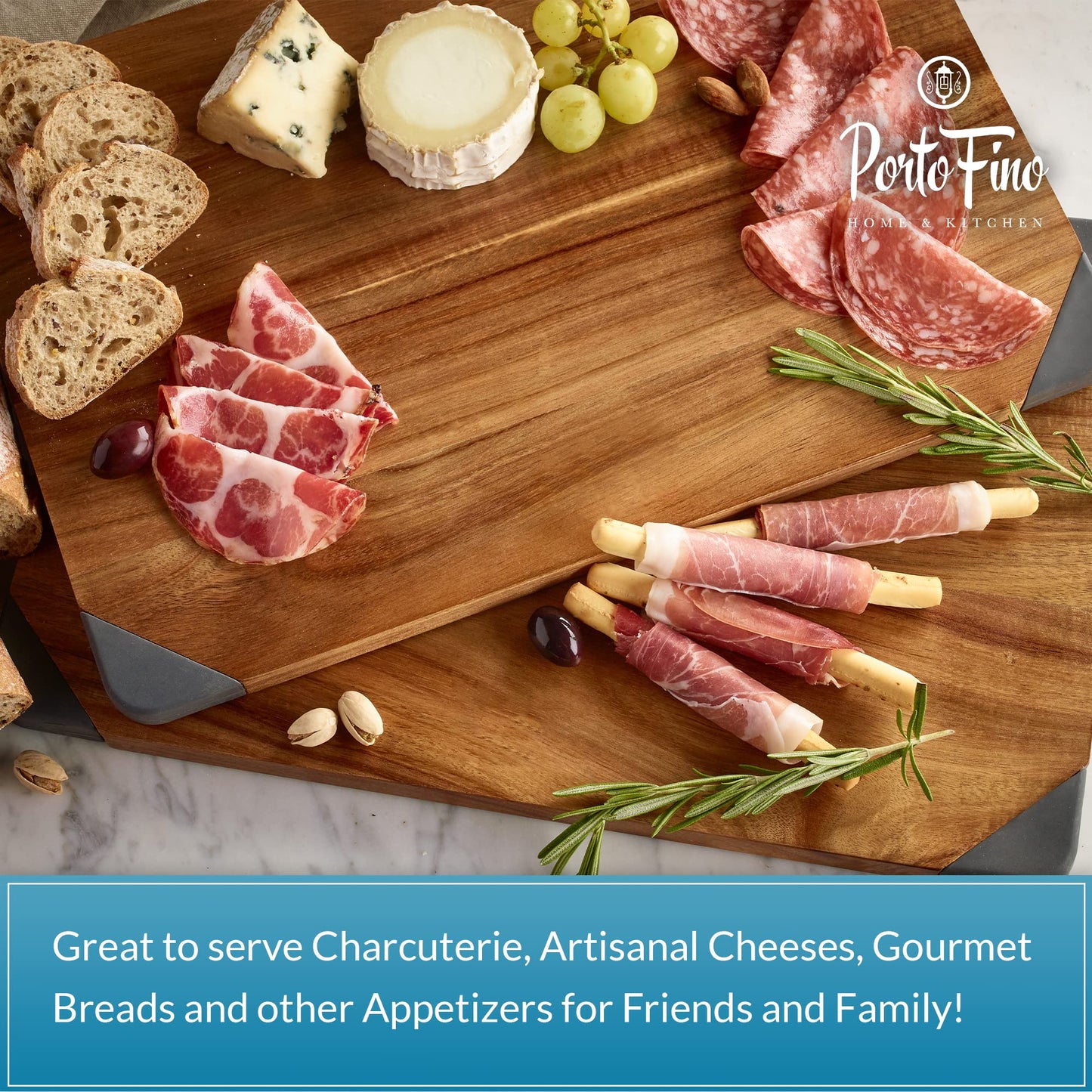 PortoFino Acacia Wood Cutting Board, 2-in-1 Reversible Cutting Board, Charcuterie Board, Premium Wood Serving Board, Built-In Juice Grooves, Non-slip Silicone Corners, Kitchen Gifts