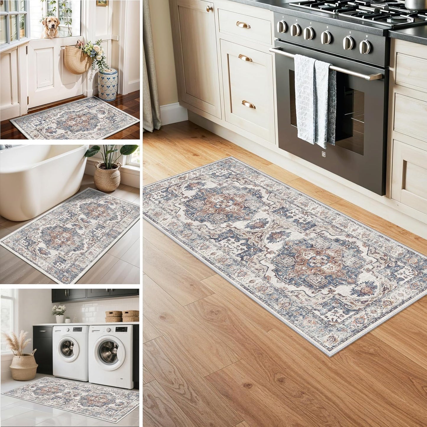 Skiennix Washable Kitchen Rug Set - Boho Non-Slip Soft Mats for Dog Bowl Area | 3 Sizes in Brick