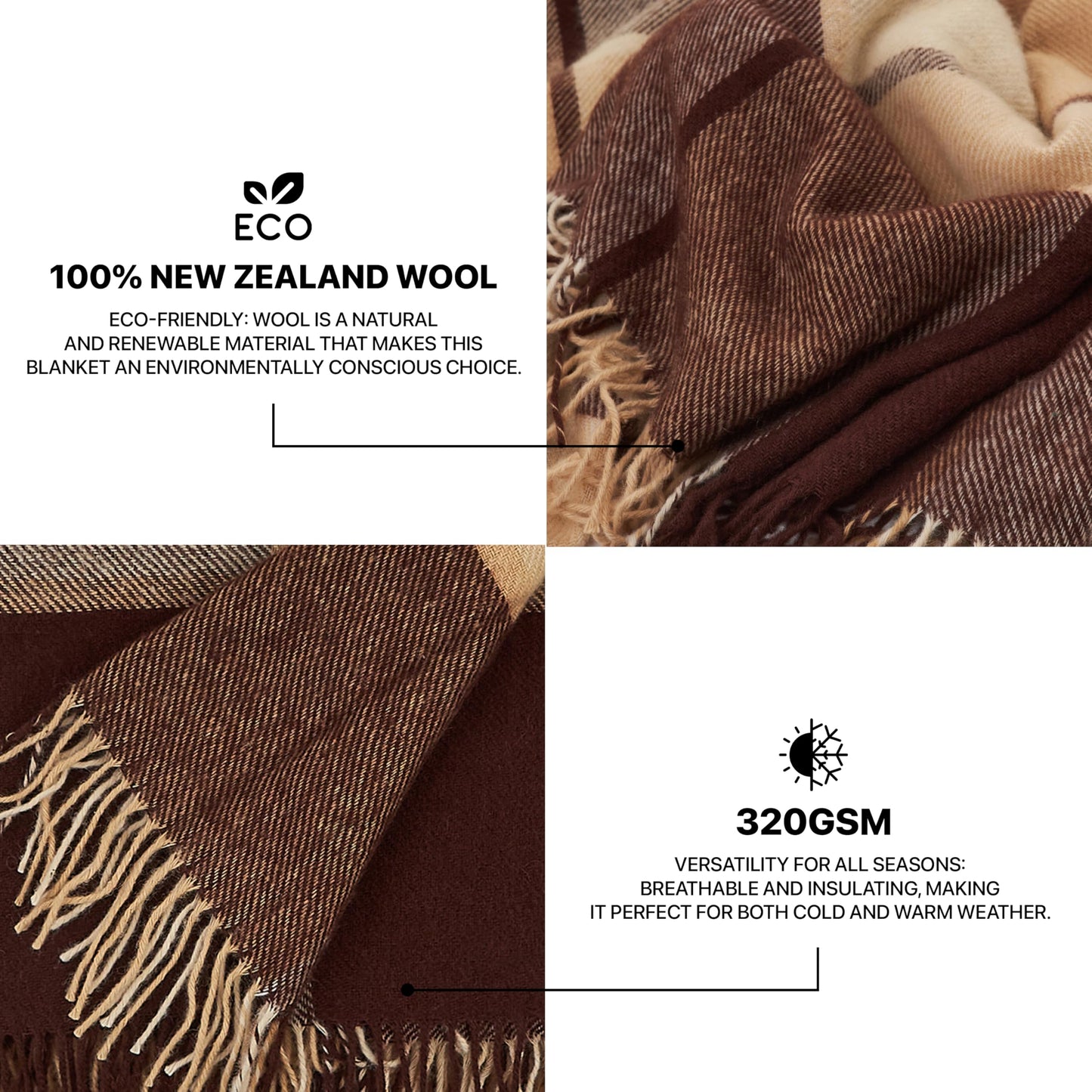 Cozy Blankets - New Zealand Virgin Wool Throw Blanket, Indoor and Outdoor Blankets and Throws, Comfortable Soft Blanket with Fringes and Tartan Pattern, 67 x 79 in, Queen Size, Brown