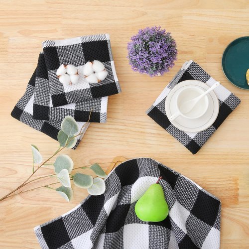 Homaxy 100% Cotton Waffle Weave Check Plaid Dish Cloths, 12 x 12 Inches, Super Soft and Absorbent Dish Towels Quick Drying Dish Rags, 6-Pack, White & Black