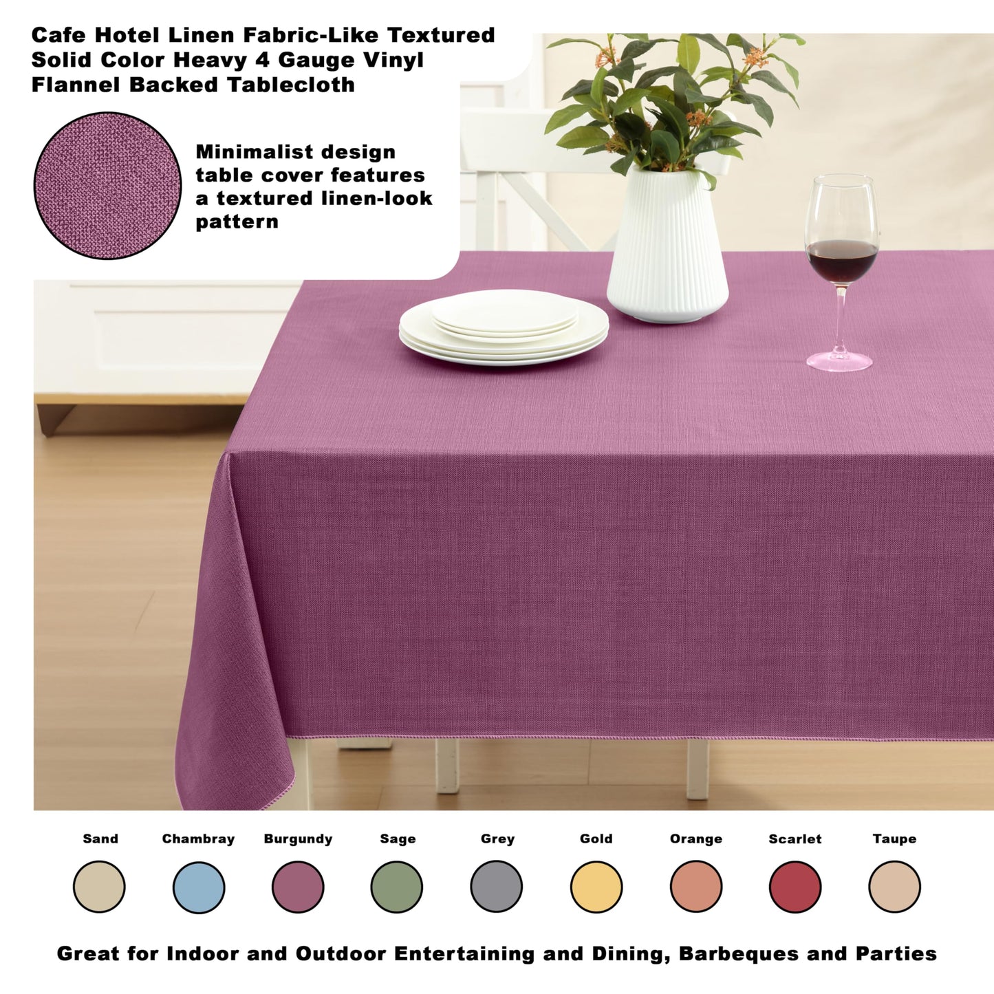 Lintex Cafe Hotel Linen Look Vinyl Flannel Backed Tablecloth, Heavyweight 4 Gauge, 60 x 104 Inch Rectangle, Burgundy Indoor Outdoor Waterproof Wipe Clean Table Cover