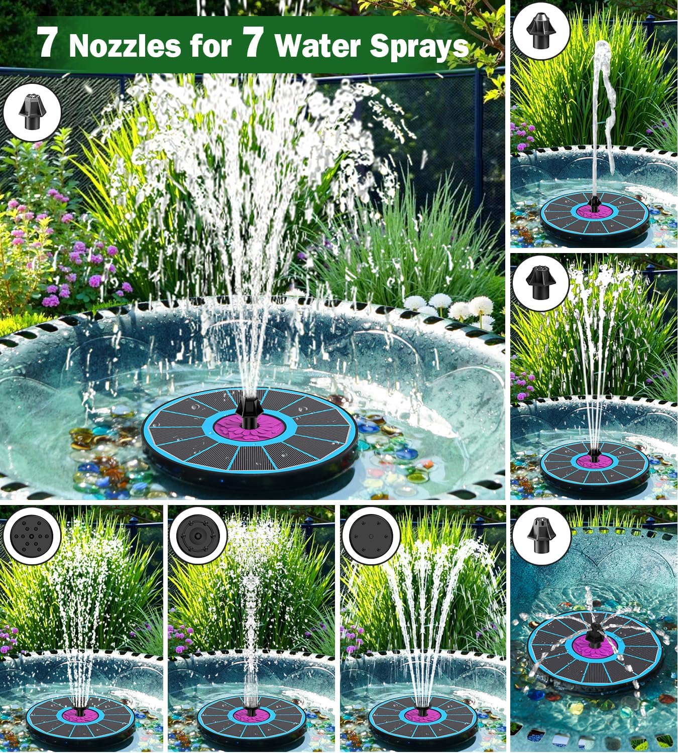 SZMP Solar Fountain - 3.5W Anti-Drift Water Pump with 7 Nozzles for Bird Bath | Attract Hummingbirds (Blue)