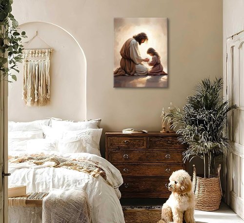 Jesus Praying with Girl Canvas Wall Art - Christian Spiritual Poster for Home Decor | Framed Bible Story Print