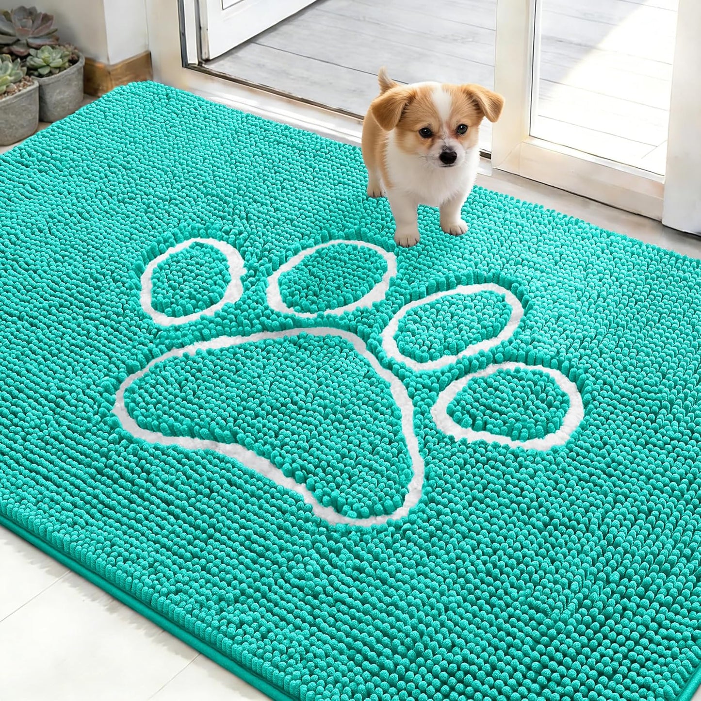 OLANLY Dog Door Mat - Absorbent Non-Slip Mud Mat for Paws | 48x30 Teal Chenille Design
