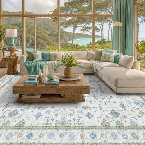 Hazo Haus Area Rug - Vintage Boho Floral Design in Blue & Green | 7x10 Washable Non-Slip Extra Large Rug