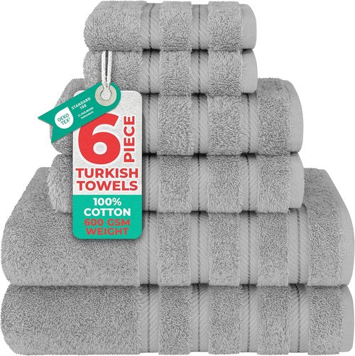 American Soft Linen Luxury Towel Set - 6 Pieces, 100% Cotton Turkish Towels, Light Grey, 600 GSM