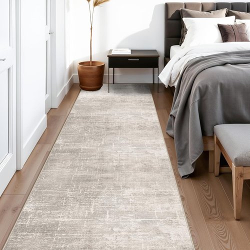 Hallway Washable Runner Rug - Stain Resistant Abstract Design | Soft Non-Slip Indoor Carpet (2'6x14, Beige/Cream)
