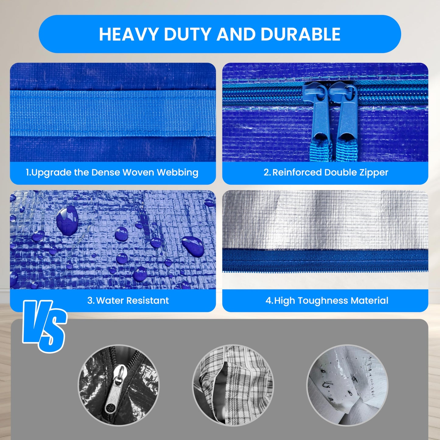 Simple Deluxe 4 Pack Moving Bags, Heavy Duty Storage Totes with Lids, Sturdy Handles& Zipper, Moving Boxes Alternative, Extra Large, for Clothes Packing, Moving Supplies, Blue