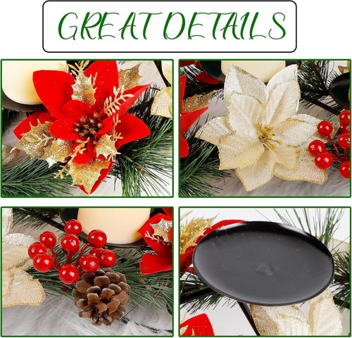 Joliyoou Christmas Poinsettia Candle Holder - 17.5" Tabletop Centerpiece with 3 Battery Operated Lights