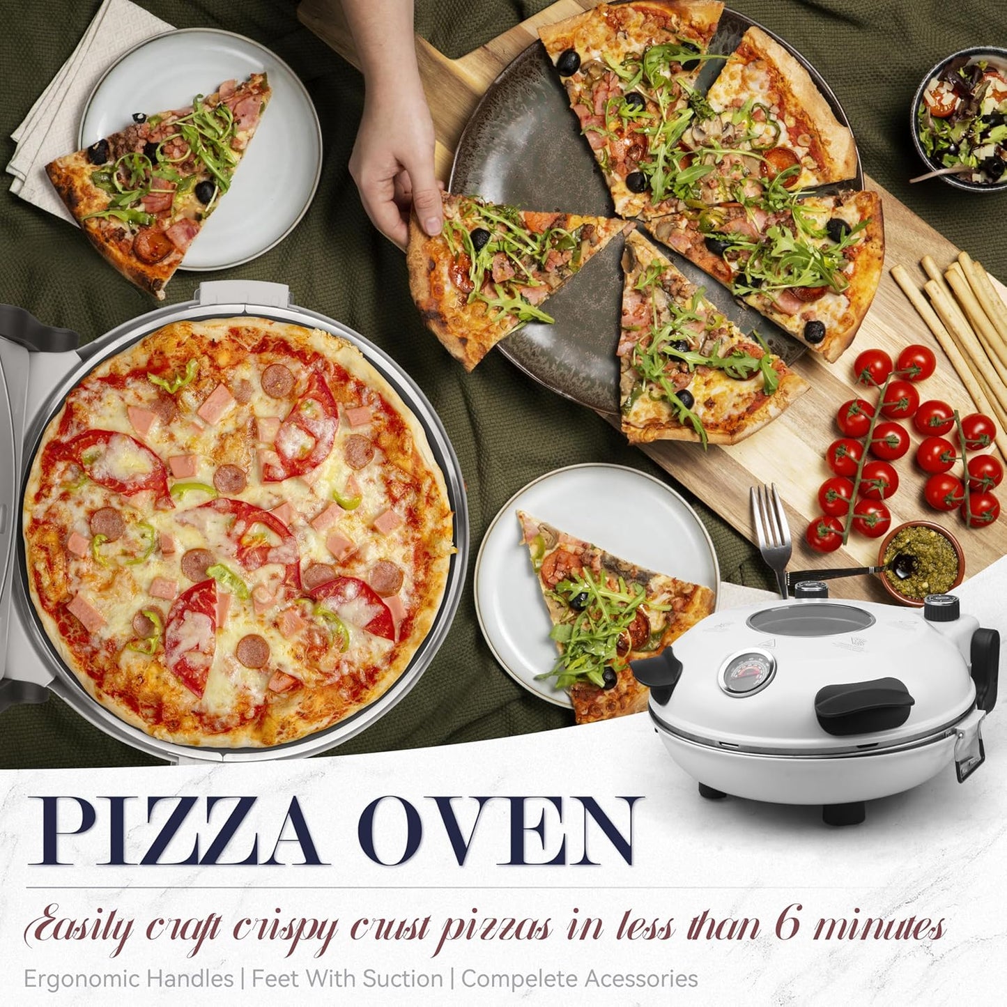 Baker's Friend Electric Pizza Oven - 12-Inch Indoor Countertop Cooker with Premium Ceramic Stone - Creamy White