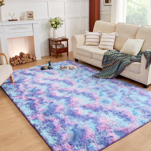 Andency 5x8 Shag Area Rug for Living Room, Tie-Dyed Unicorn Rainbow Soft Fuzzy Plush Indoor Carpets for Bedroom, Non Skid Fluffy Faux Fur Rug for Room