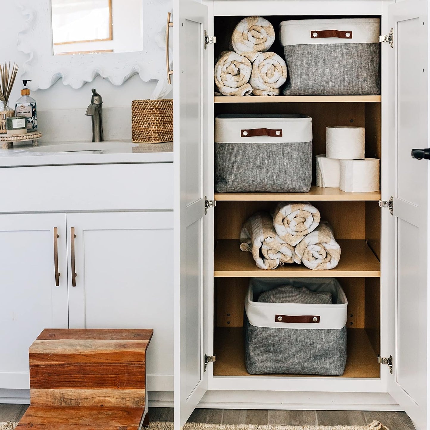 OrganiHaus Extra Large Fabric Storage Baskets - 3 Pack Canvas Organizers for Closets | 16x13in Gray/Off-White