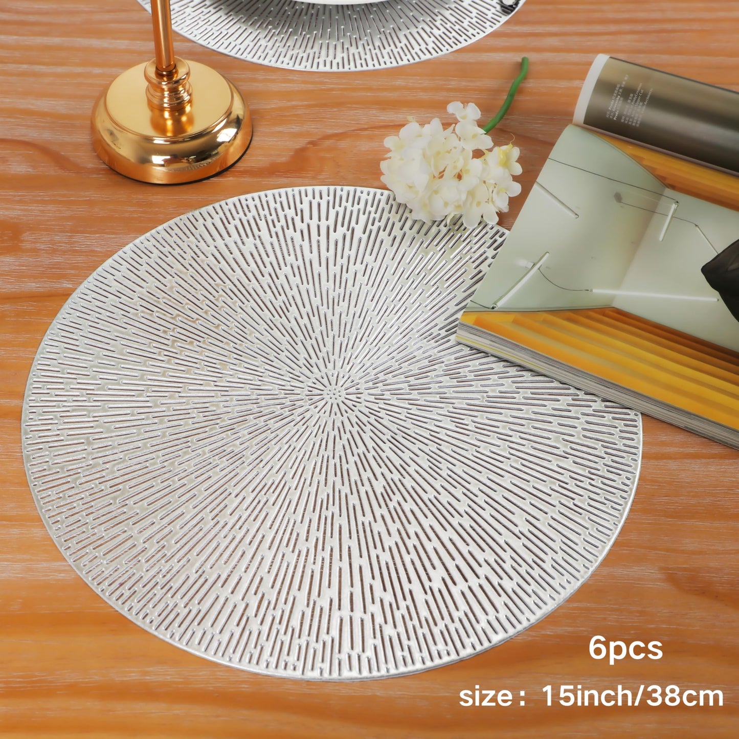 Snowkingdom Silver Round Placemats Set of 6, 15 Inch Metallic Pressed Vinyl Place Mats, Easy Clean Non Slip Heat Resistant Washable PVC Hollow Out Table Mats for Dinner Party Table Decoration