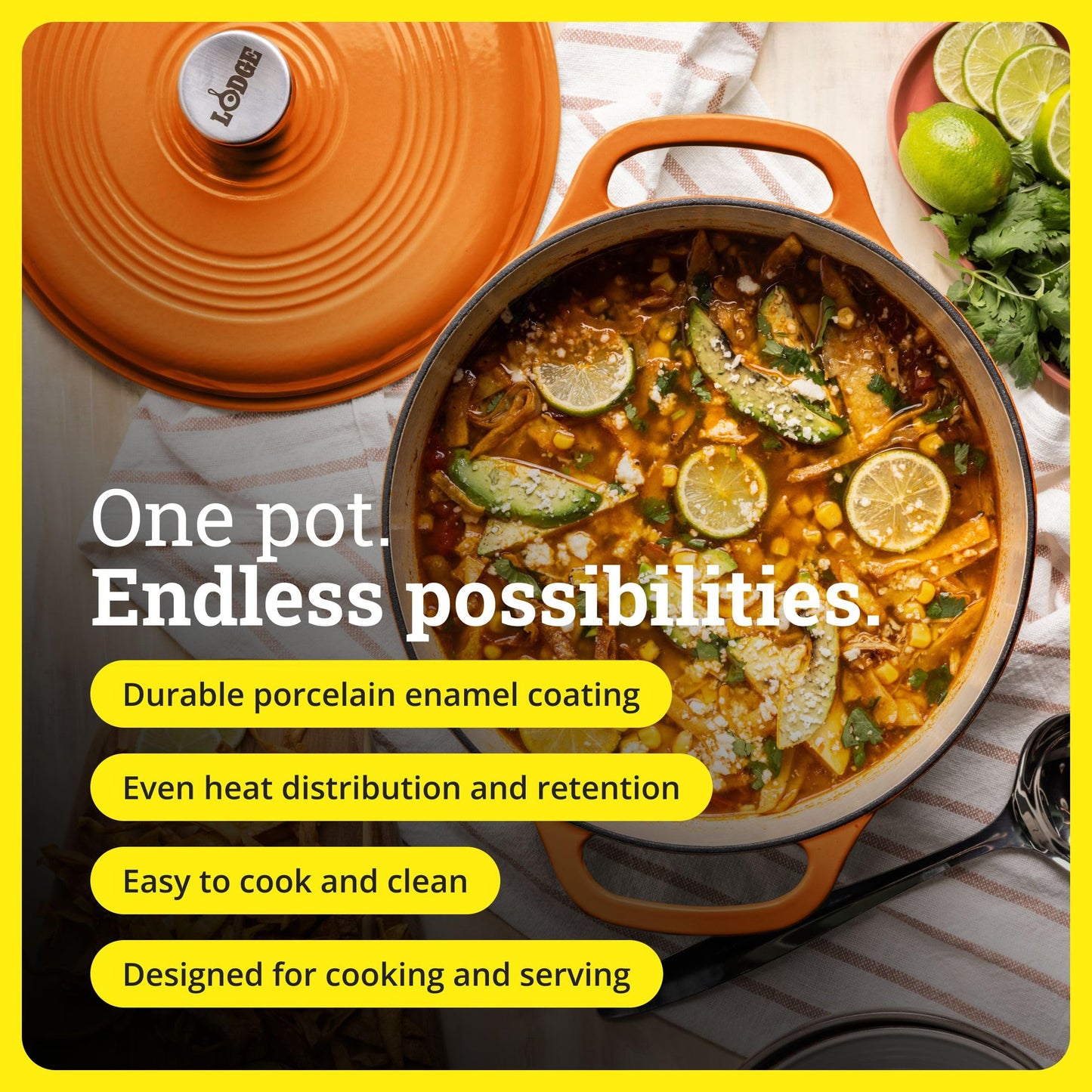 Lodge Essential Enamel Cast Iron Dutch Oven - Perfect for Bread Baking, Braising, Marinating & Slow Cooking - Features Moisture-Sealing Lid & Dual Handles - Kitchen Essentials - 6 Quarts - Pumpkin