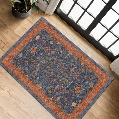 Hazo Haus Washable 2x3 Entry Rug - Non-Slip Rubber Backing for Kitchen & Bathroom | Navy Blue Boho Décor