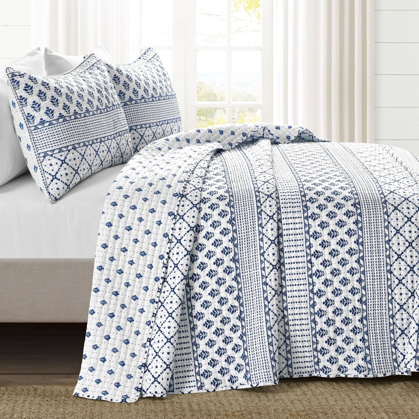 Lush Decor Monique Stripe Reversible Quilt Queen Size 3 Piece Set Full/Queen Navy & White - Striped Bedding Set Queen Quilt - Blue Quilts - Coastal Decor
