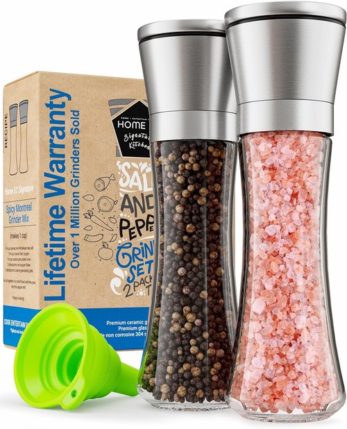 Home EC Premium Stainless Steel Salt and Pepper Grinder Set - Adjustable Ceramic | Tall Glass Shakers with Funnel & eBook