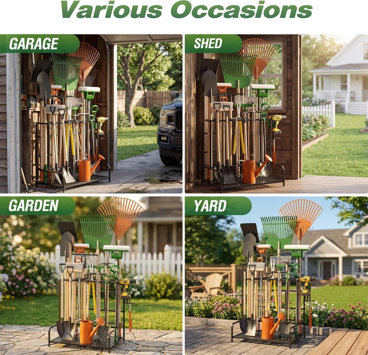 Sttoraboks Garden Tool Organizer Rack - Heavy-Duty Steel for Up to 39 Tools | 12 Hooks & Broom Holder, Black
