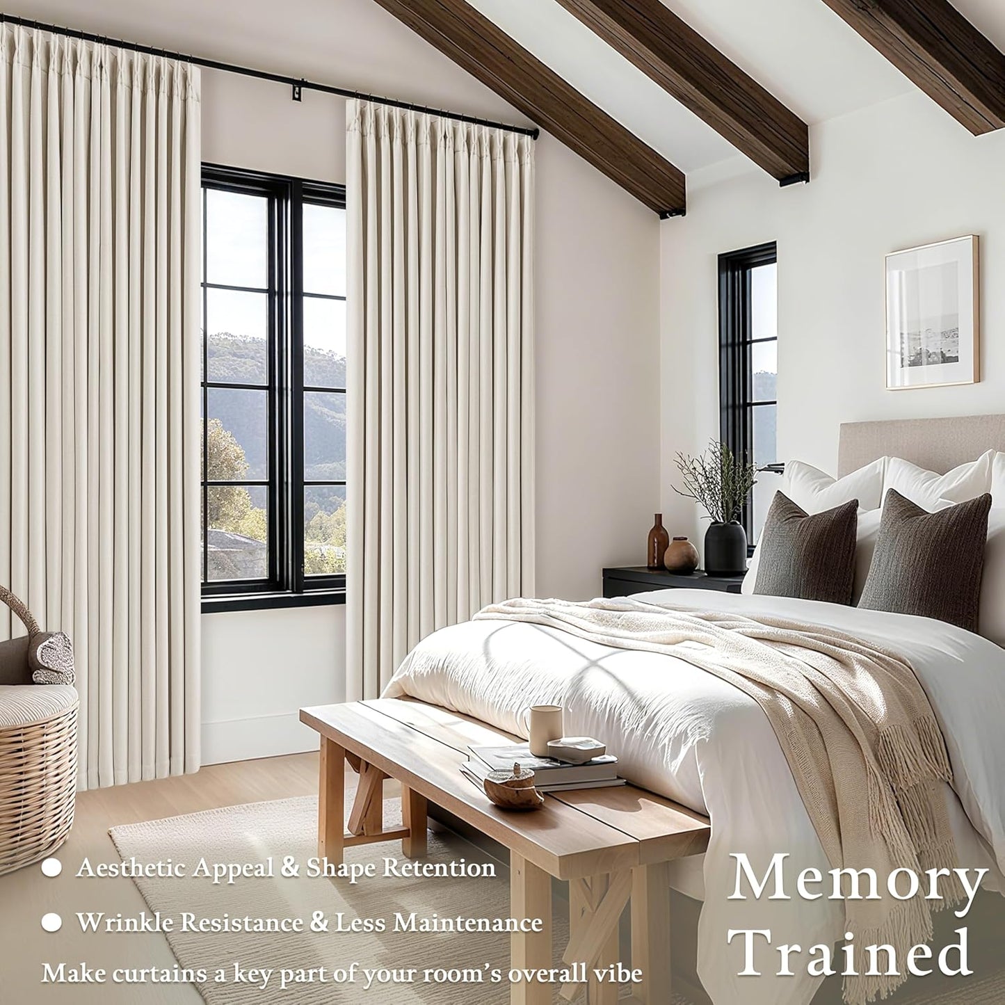 Skiennix 100% Blackout Linen Curtains - 96 Inch Length | Light Blocking Dual Layer Drapes in Cream Ivory