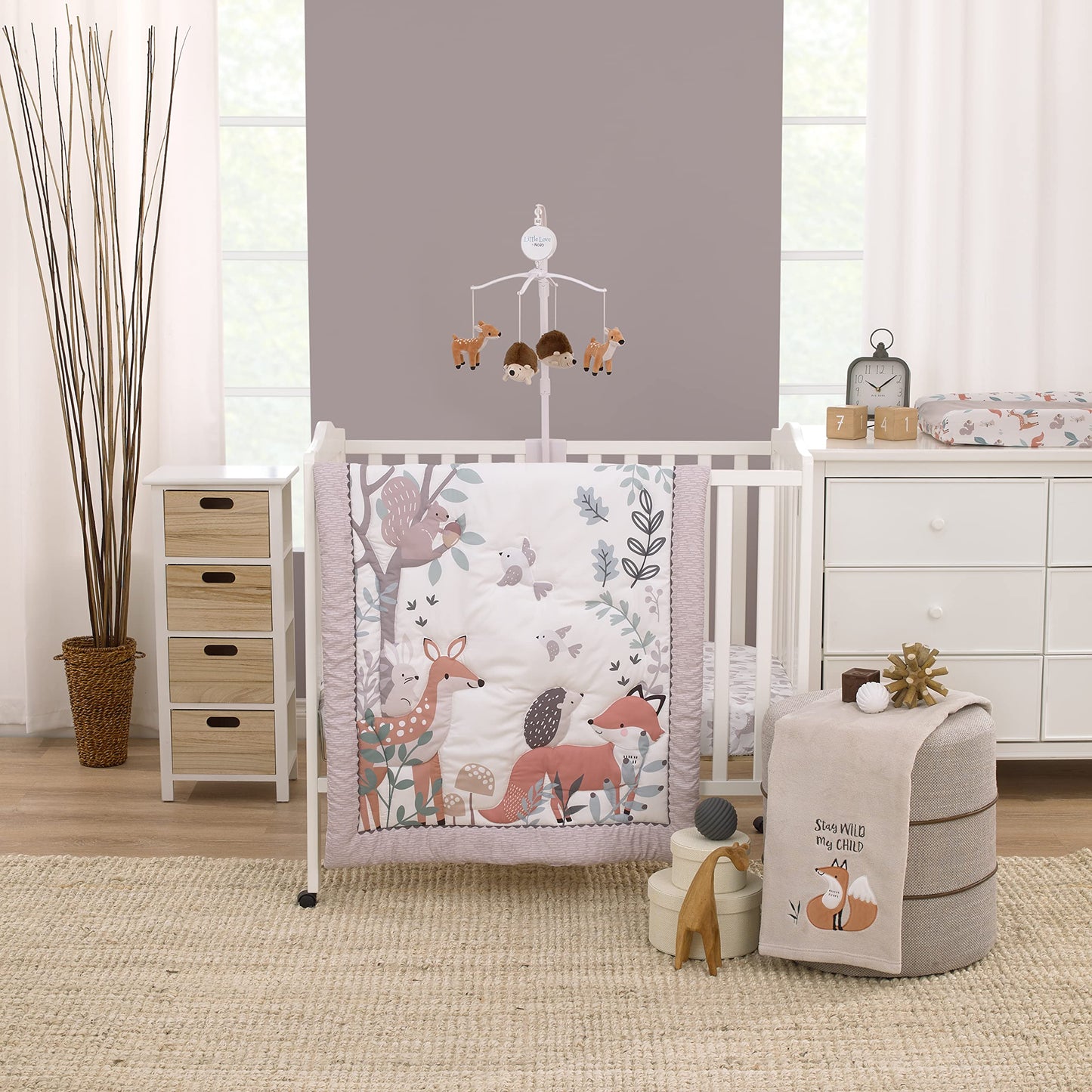 NoJo Little Love Woodland Meadow Taupe, Sage and White, Fox, Deer, and Hedgehog 3 Piece Nursery Mini Crib Bedding Set - Mini Comforter, and Two Fitted Mini Crib Sheets