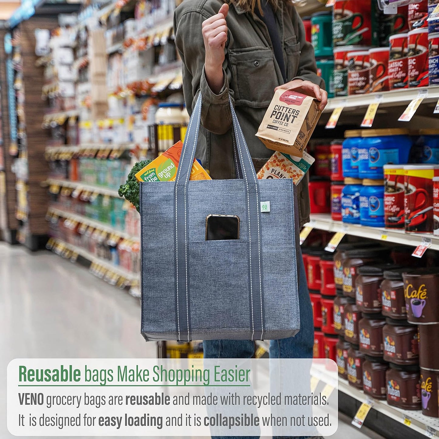 VENO Reusable Grocery Bags - Heavy-Duty Shopping Bags with Handles | Foldable, Hard Bottom, Gray (4 Pack)