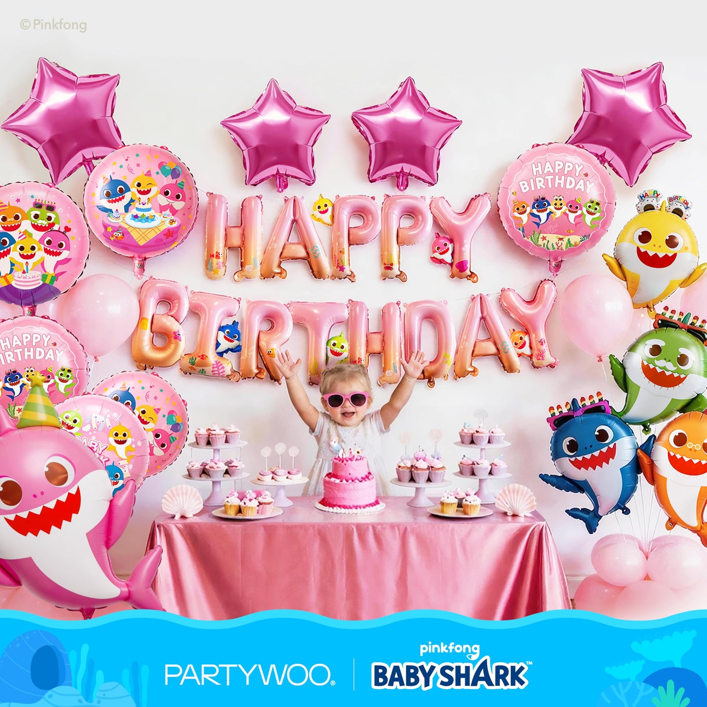 PartyWoo Baby Shark Family Foil Balloons 37pcs Baby Shark Family Pink Round Star Mylar Happy Birthday Letter Balloons for Boys and Girls Under the Sea Kids Birthday Party Decorations