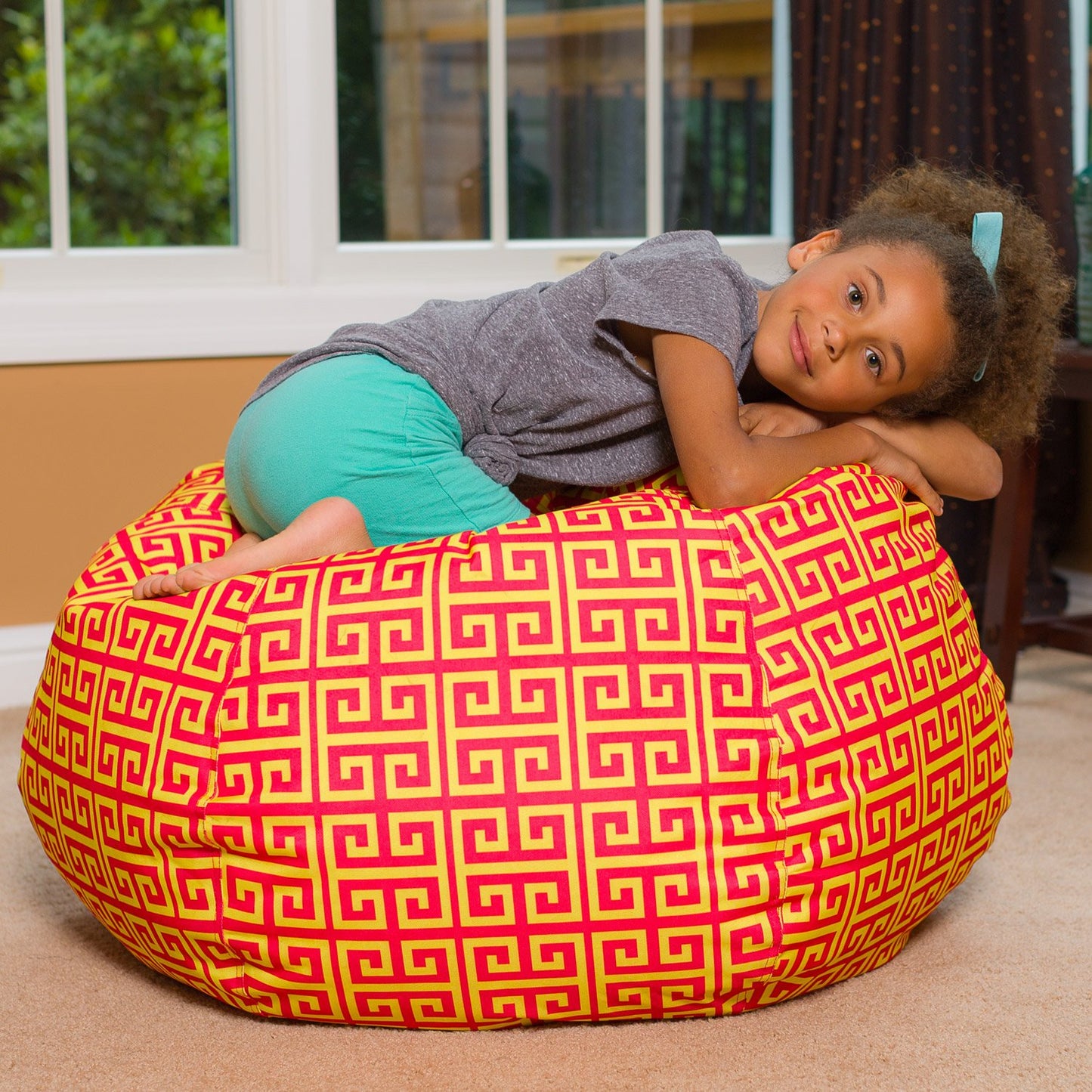 Posh Creations Bean Bag Chair for Kids, Teens, and Adults Includes Removable and Machine Washable Cover, 38in - Large, Pattern Scrolls Red and Yellow