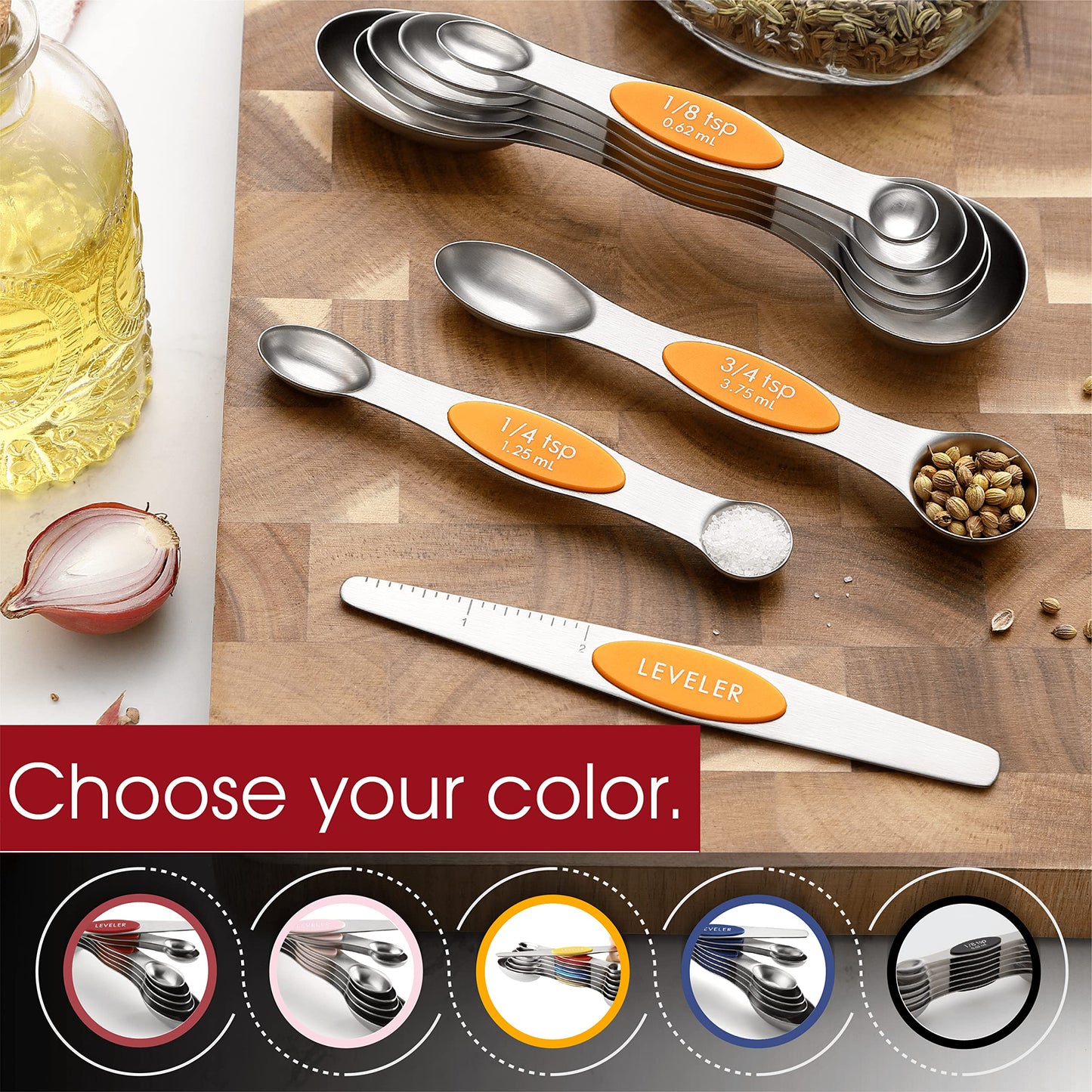 Spring Chef Magnetic Measuring Spoons Set, Dual Sided, Stainless Steel, Fits in Spice Jars, Mango, Set of 8, 2 Pack
