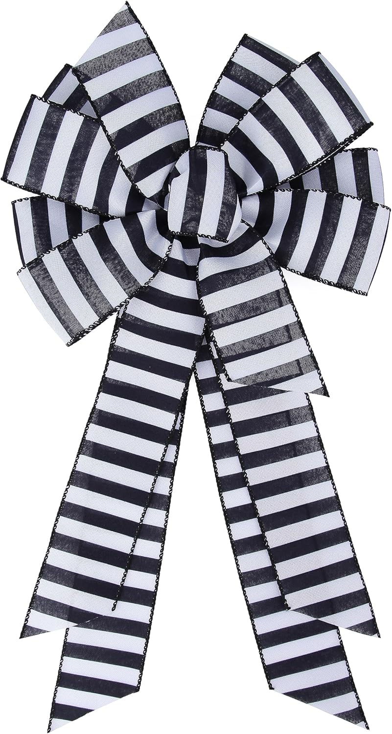 Meseey Christmas Ribbon Bow - Large Black and White Striped Design | 20 x 11 Inch Wreath Decor