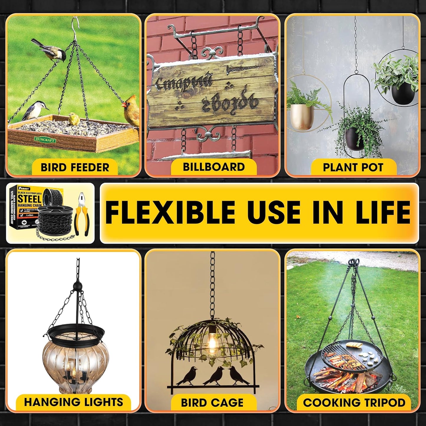 Skiennix 50FT Black Steel Hanging Chain - Durable, Rust-Resistant, 20LBS Capacity for Bird Feeders & Planters