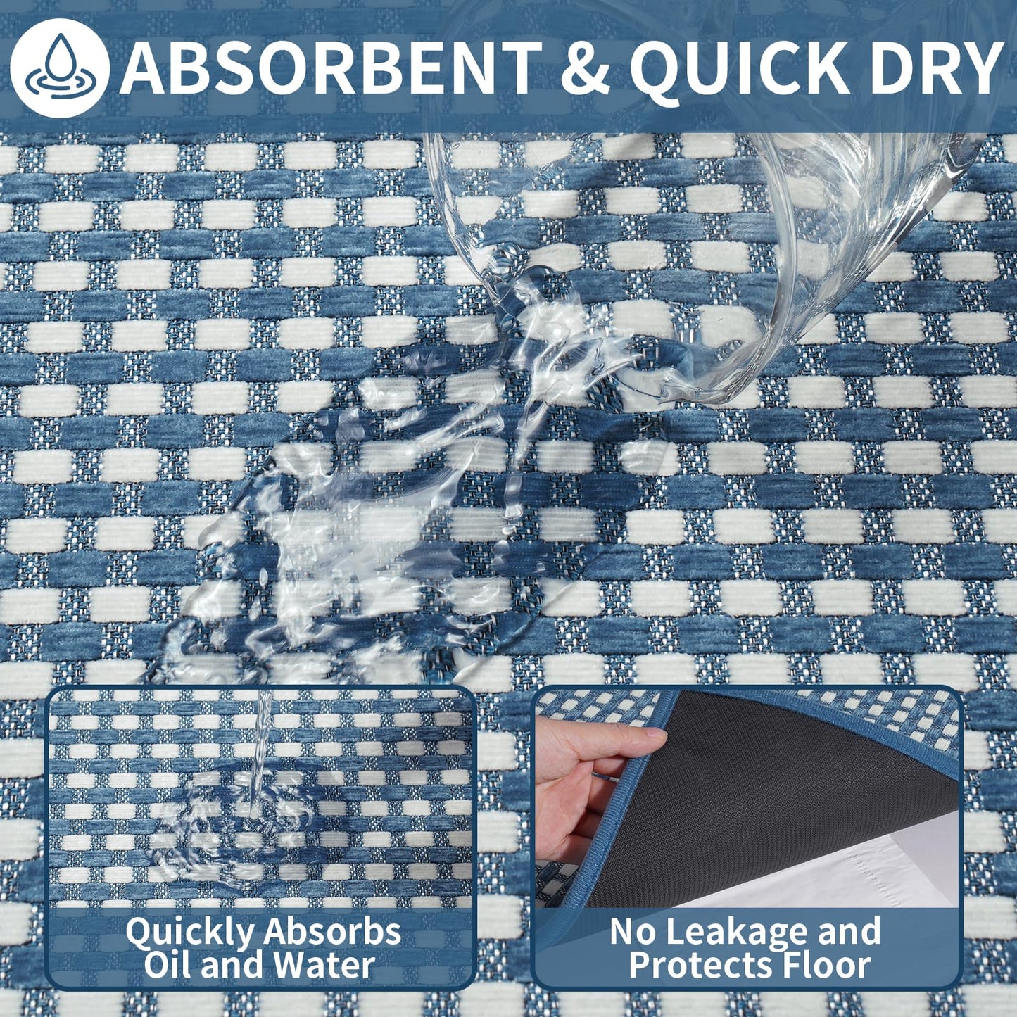 YDKGL Large Kitchen Runner Rugs Long Kitchen Mat Non Slip Washable, Super Absorbent Soft Chenille Braided Kitchen Mats for Floor, Rubber Backing Kitchen Sink Standing Mat, Easy Clean, Blue 36"x71"