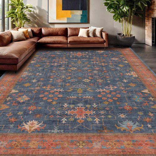 Boho Navy Blue Area Rug - Vintage Floral Design, Soft Low Pile, Non-Slip & Stain Resistant | 10x14 for Living Room & Dining Room