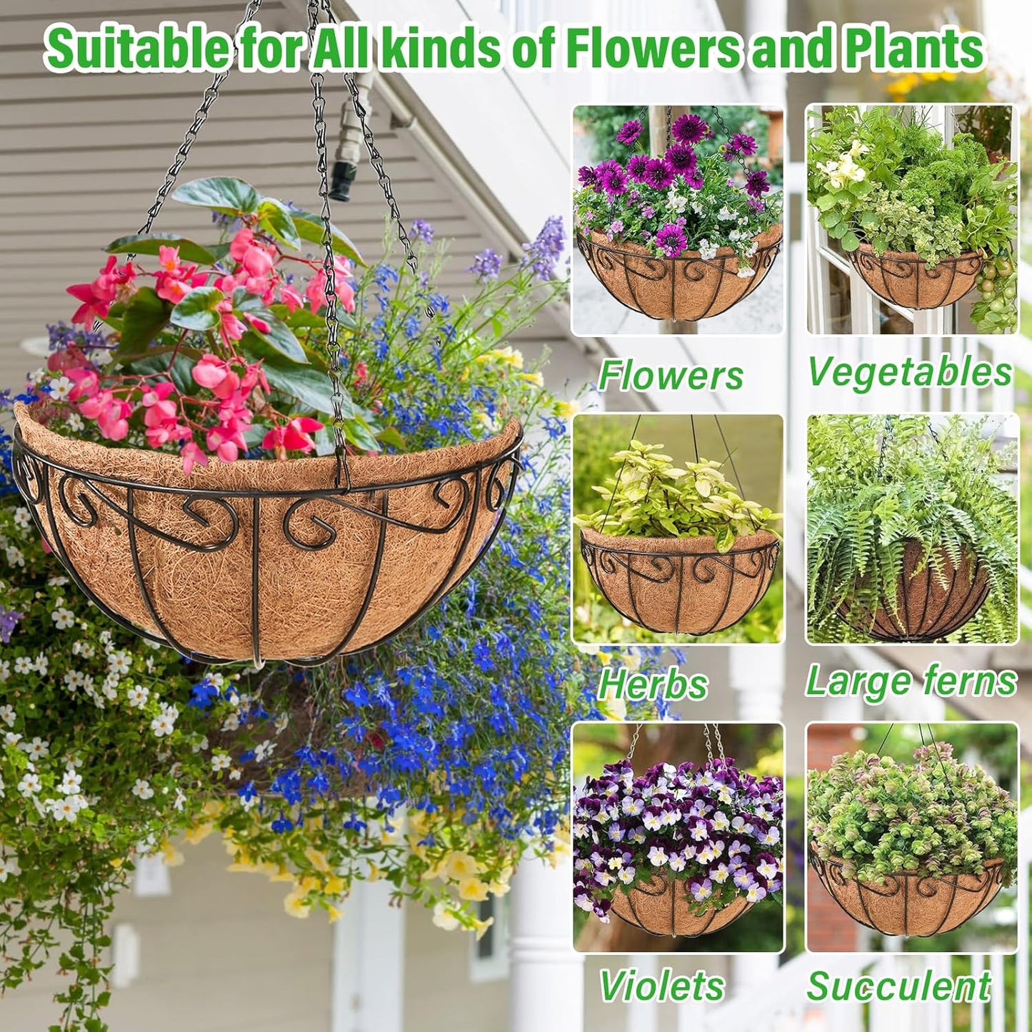 Legigo 12-Inch Metal Hanging Baskets for Outdoor Plants - Round Wire Planters with Coconut Coir Liner