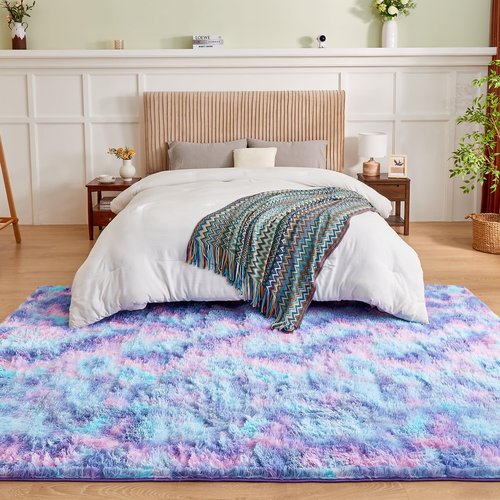 Andency 5x8 Shag Area Rug for Living Room, Tie-Dyed Unicorn Rainbow Soft Fuzzy Plush Indoor Carpets for Bedroom, Non Skid Fluffy Faux Fur Rug for Room