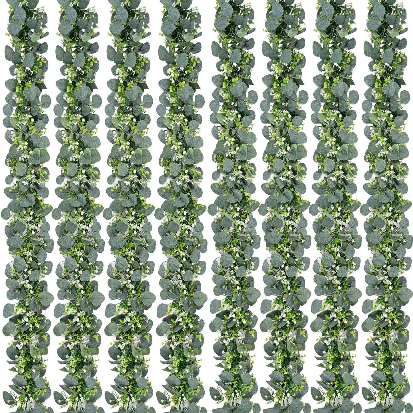 Waipfaru 8Pcs Eucalyptus Garland, 5.9FT Greenery Garland, Green Garland with Flowers, Artificial Faux Silver Dollar Eucalyptus Leaves Vines for Table Home Wedding Mantle Party Indoor Outdoor Decor