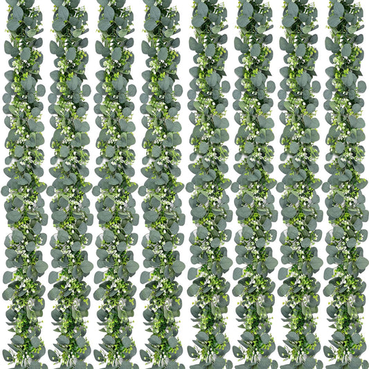 Waipfaru 8Pcs Eucalyptus Garland, 5.9FT Greenery Garland, Green Garland with Flowers, Artificial Faux Silver Dollar Eucalyptus Leaves Vines for Table Home Wedding Mantle Party Indoor Outdoor Decor