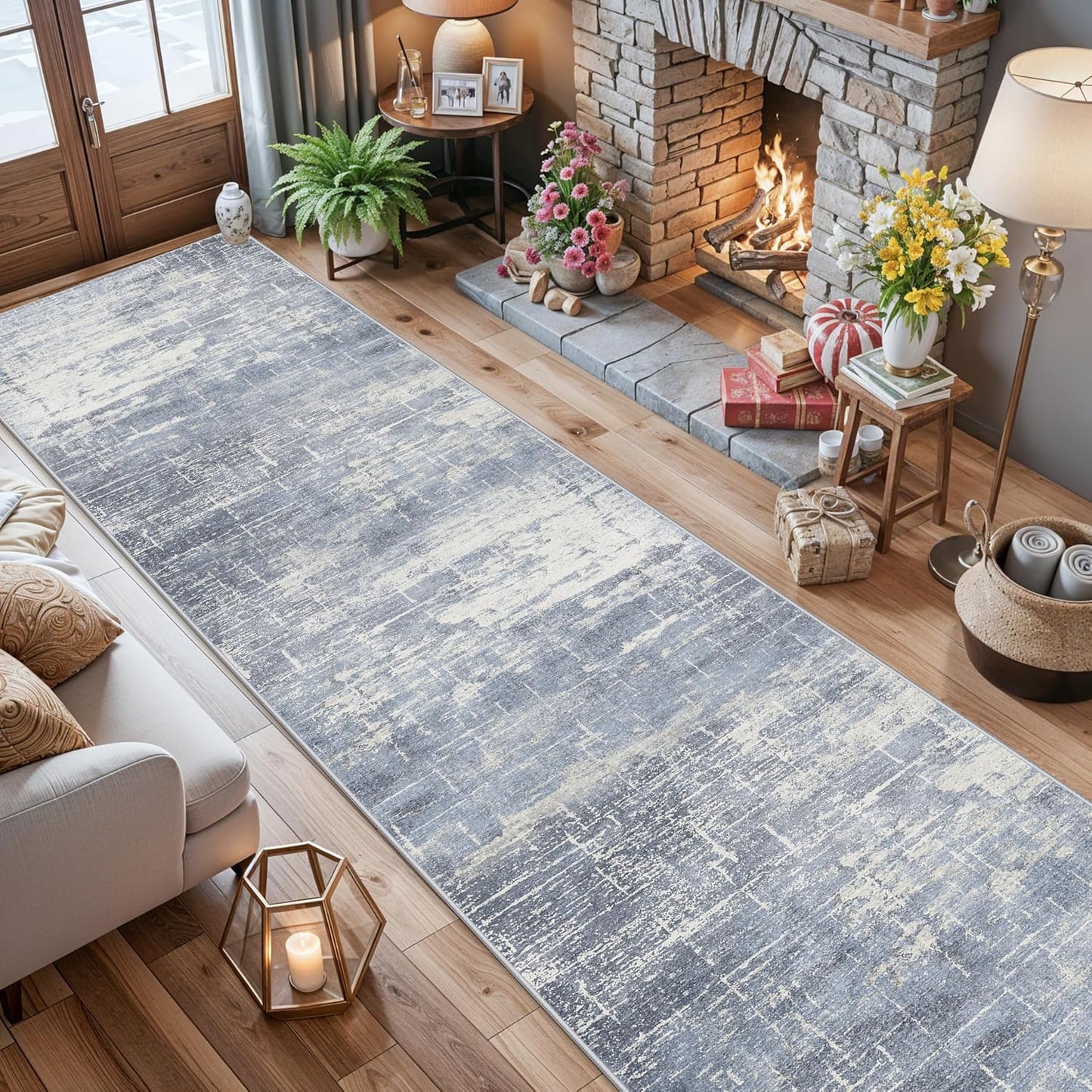 Skiennix Washable Abstract 14ft Runner Rug - Non-Slip Low-Pile Soft Carpet for Entryway | Blue/Ivory