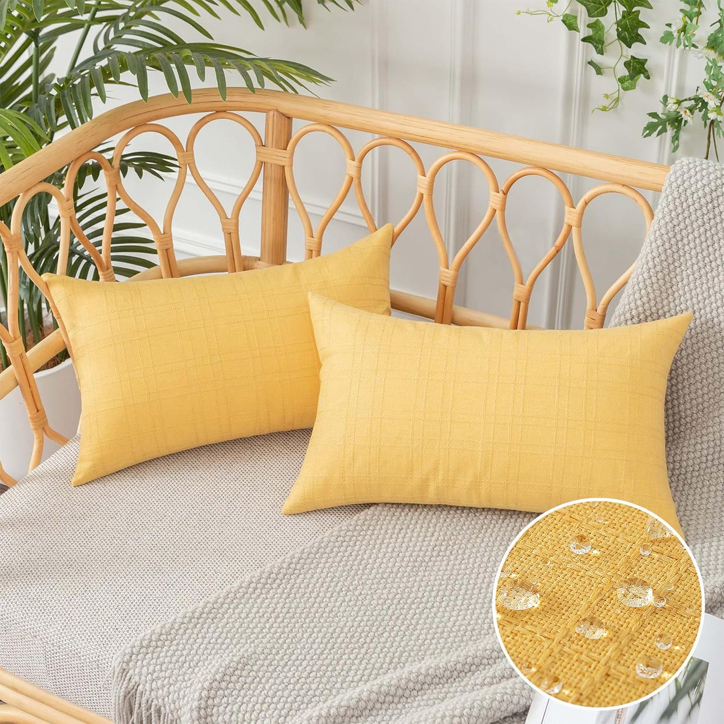 UGASA Outdoor Throw Pillow Covers - Waterproof Plaid Texture | Decorative Lumbar Cushions, 12x20 Inch, Yellow (Pack of 2)