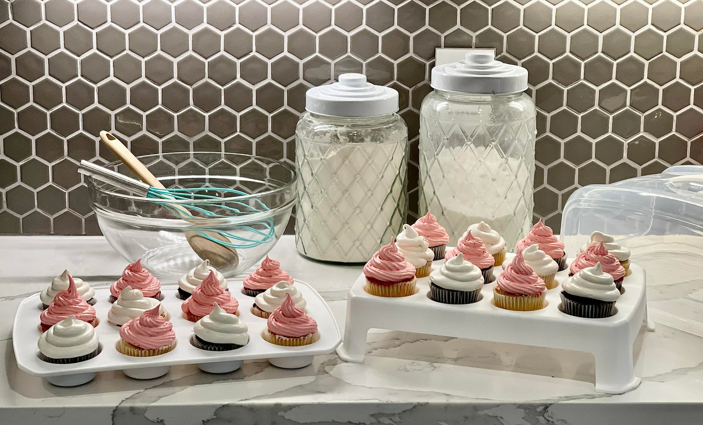 Top Shelf Elements Cupcake Carrier, EXTRA LARGE LID, White Cupcake Holder Carries 24 Standard-Size Cupcakes, Muffin Traveler Two Tier Stand Reusable Cupcake Box