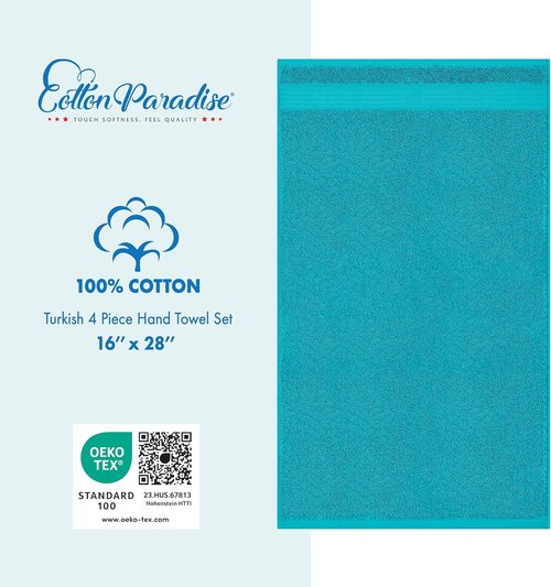 Cotton Paradise Hand Towels - 100% Turkish Cotton, Soft & Absorbent | 4-Piece Aqua Blue Set
