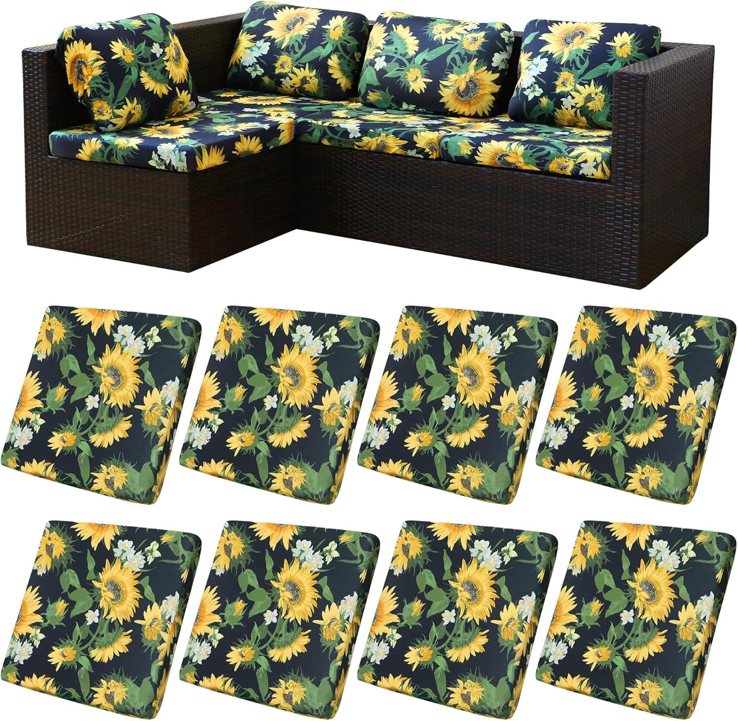 Skiennix 8-Piece Stretch Patio Cushion Covers - Washable Outdoor Sofa Slipcovers | Sunflower Design