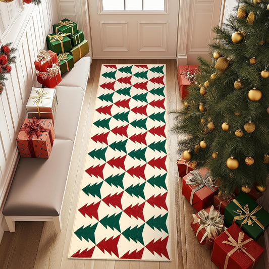 jinchan Christmas Runner Rug 3x8 Hallway Rug Xmas Tree Runner Kitchen Rug Soft Washable Non Slip Holiday Decorative Floor Carpet for Bedroom Bathroom Laundry Living Room (Red & Green on Cream,3x8ft)