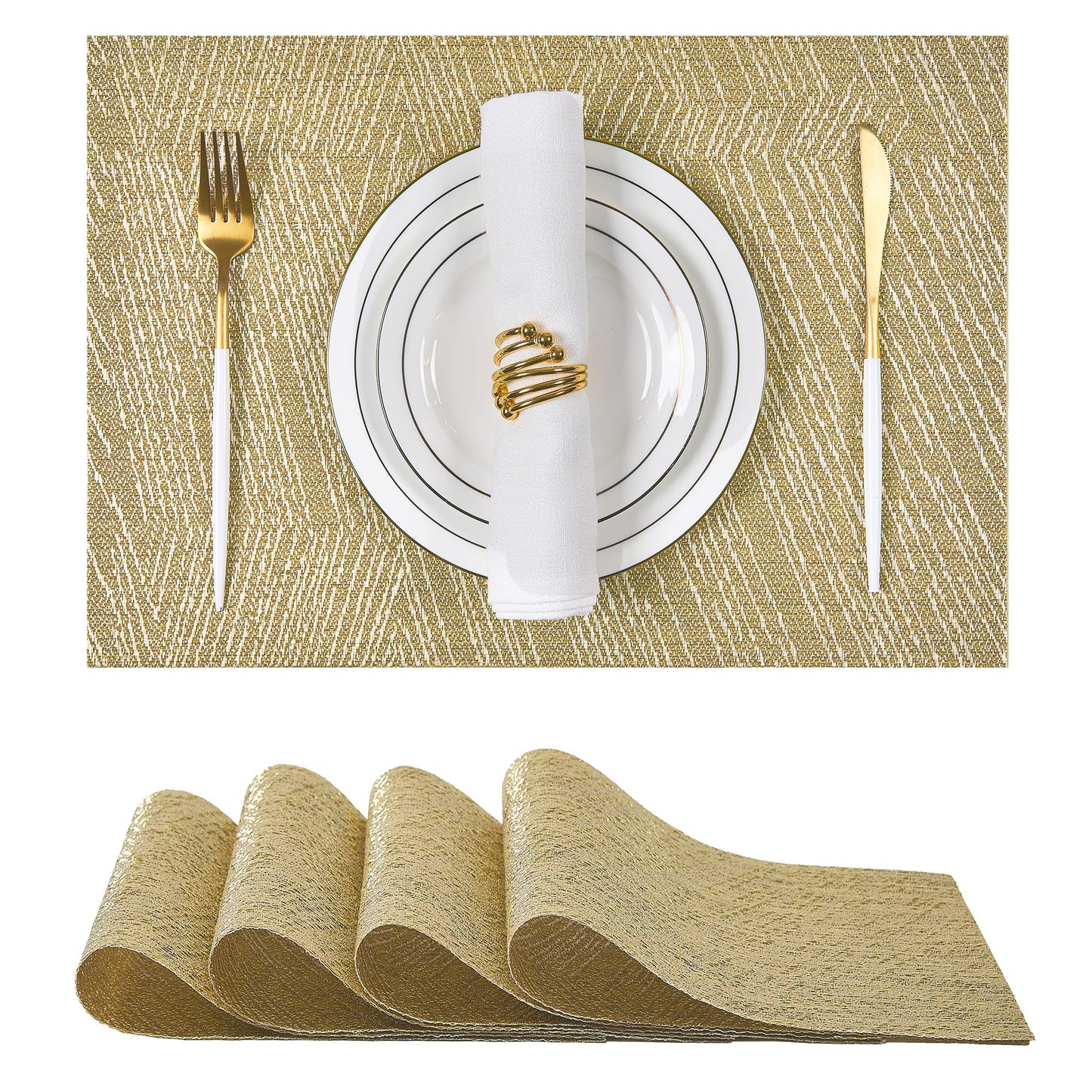 Leetaltree Gold Placemats Set of 4 - Heat Resistant Non-Slip Place mats for Dining Table, Washable Durable PVC Vinyl Woven Table Mats(Luxury Gold, 4)